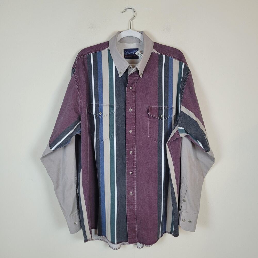 Vintage Wrangler Shirt Mens 17.5x35 Multicolor Stripe Long Sleeve Western Cowboy